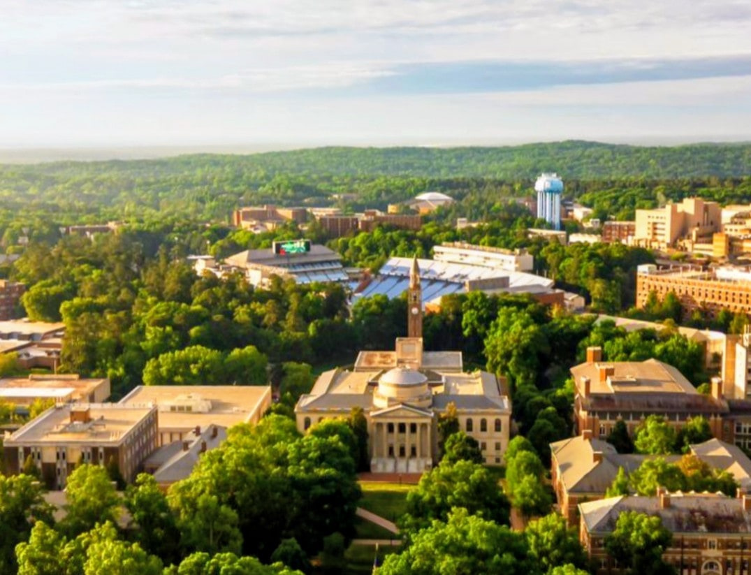 Aerial view of the UNC-Chapel Hill campus and surrounding Chapel Hill landscape